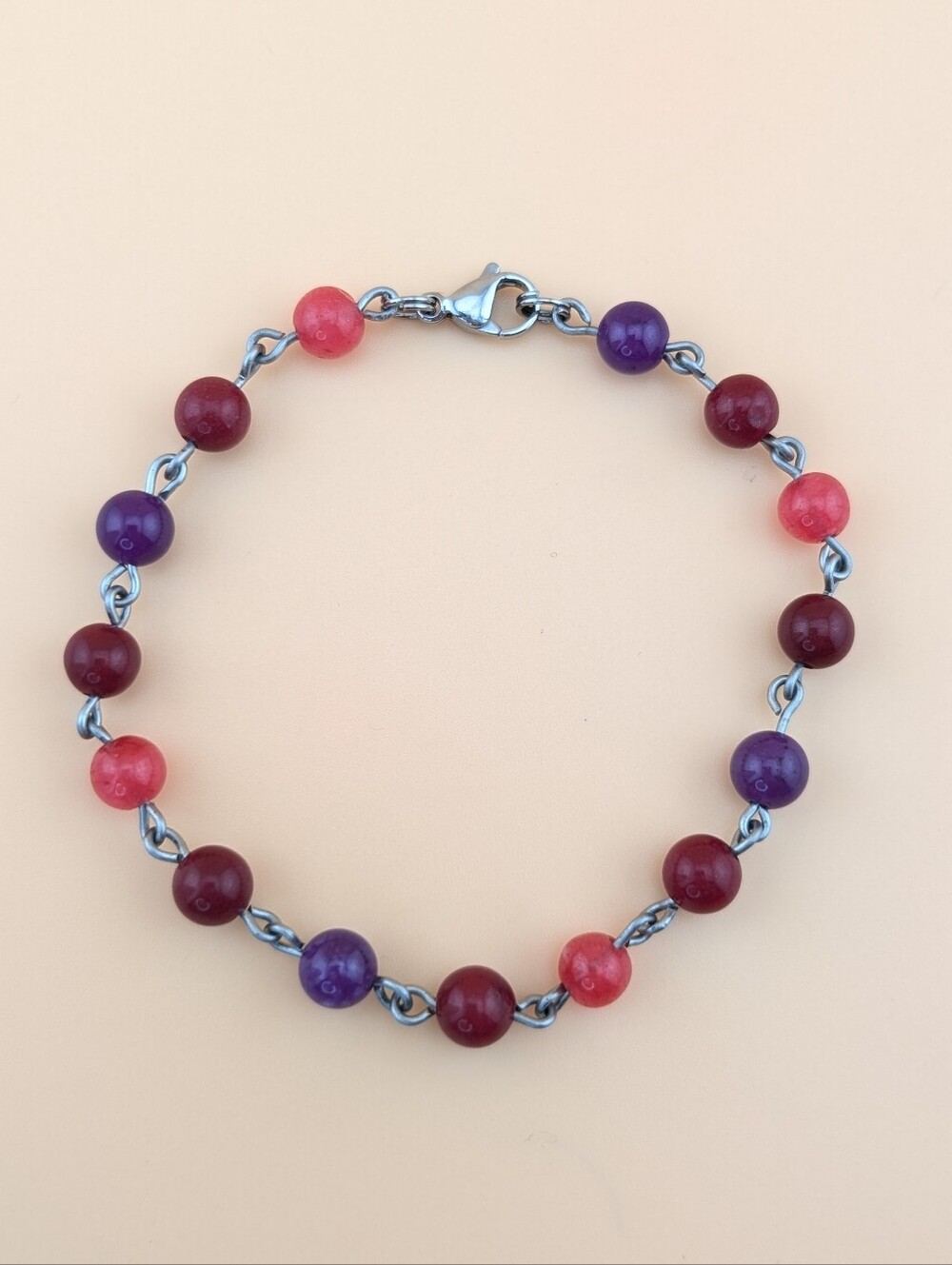 Quartz Gemstone Hand Chain Linked Pink & Purple Bead Boho Bracelet
